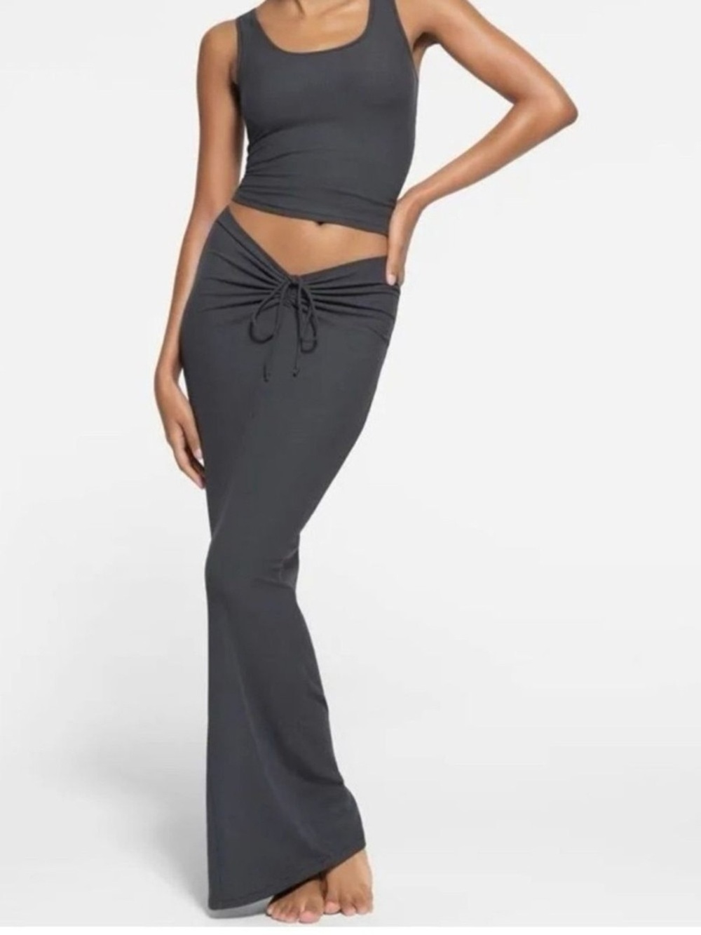 Skims Sleeveless Drawstring Maxi Skirt in Charcoal Gray